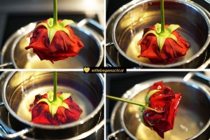 Kerzenreste verwerten - Rosen vorsichtig in das Wachs tauchen und abschütteln